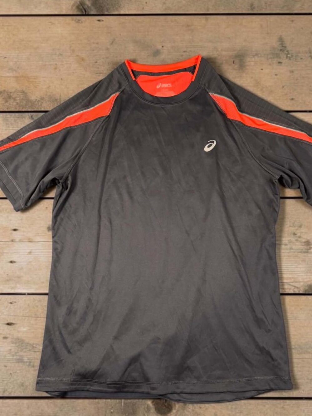ASICS Men's Large Short Sleeve Running Shirt Gray Neon Orange Crew Neck Top L